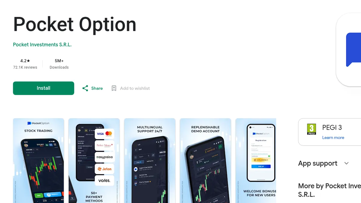 Pocket Option app card on Google Play by Pocket Investments S.R.L.