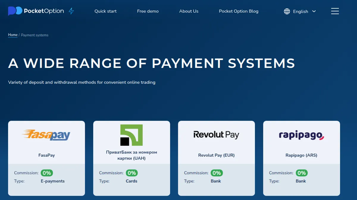 Pocket Option payment methods page with Commission 0% on each method
