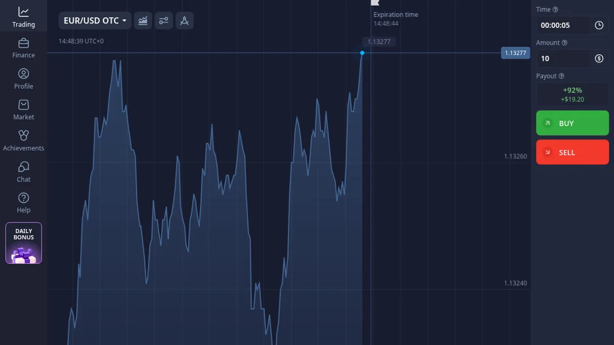 Pocket Option demo terminal with EUR/USD OTC chart, time, amount, payout and Buy/Sell buttons